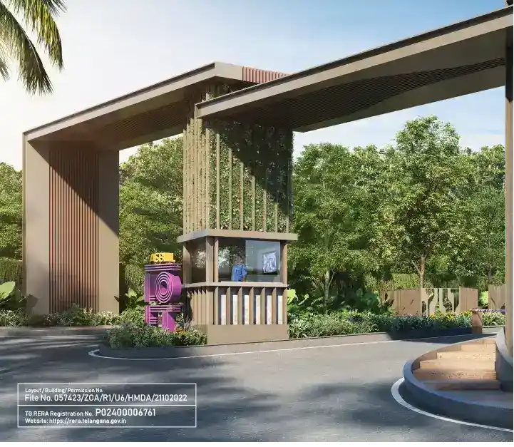 Grand entrance with cascading waterbody