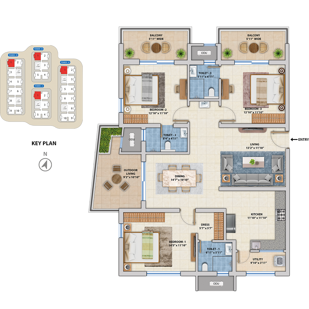 ASBL Spectra 2220 3BHK floor plan of East Type-1 unit plan for Gachibowli homes